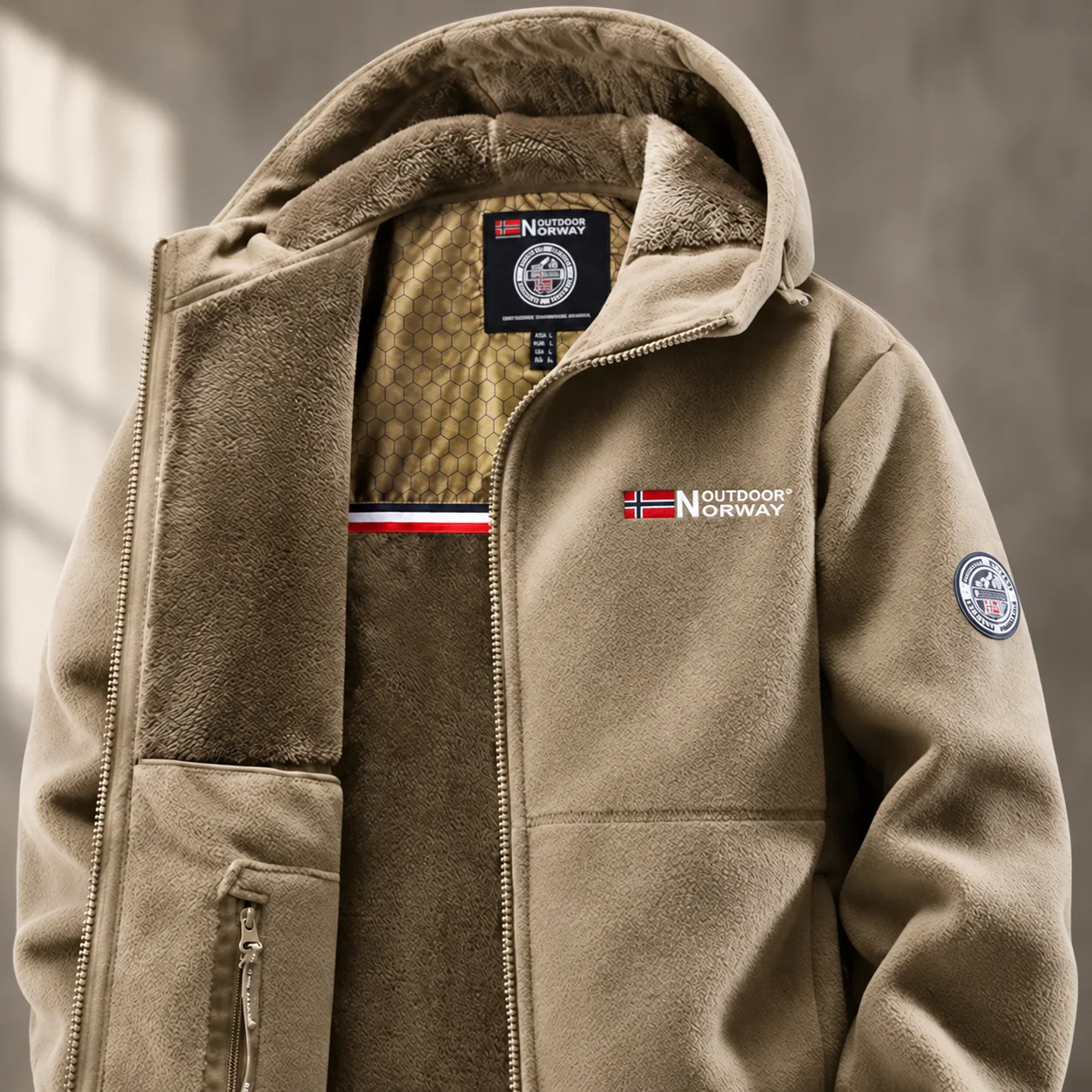 Beige Norway jacket open to show its textured lining, zip and hood