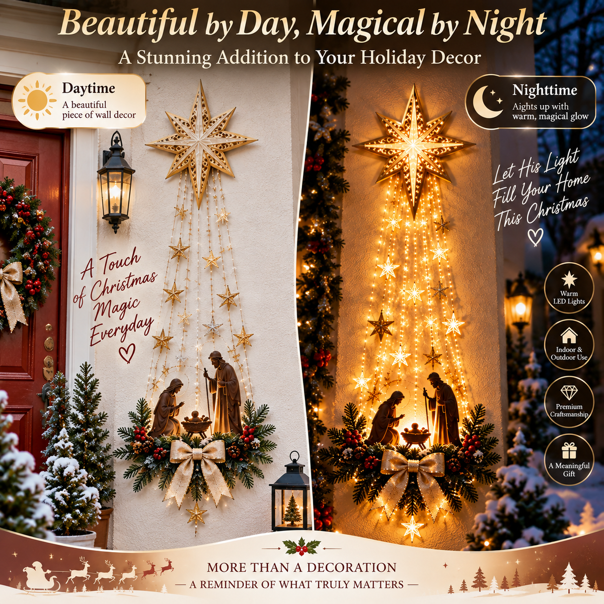Bethlehem Star wall decoration shown by day and illuminated at night