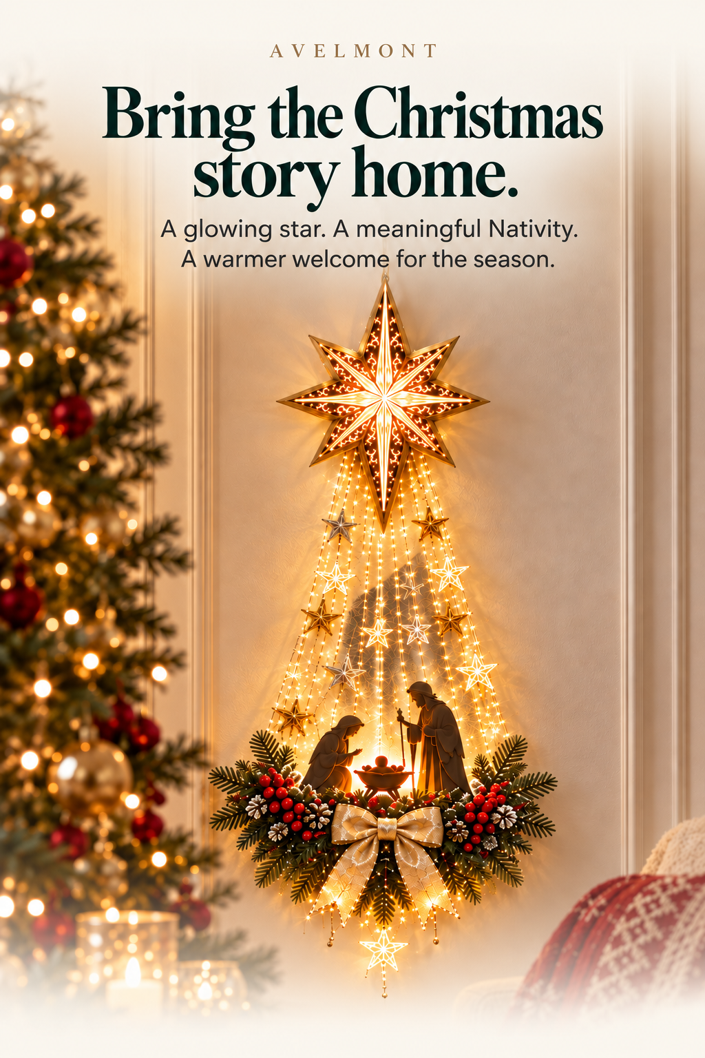 The Bethlehem Star of Faith glowing above a Nativity scene in a festive home