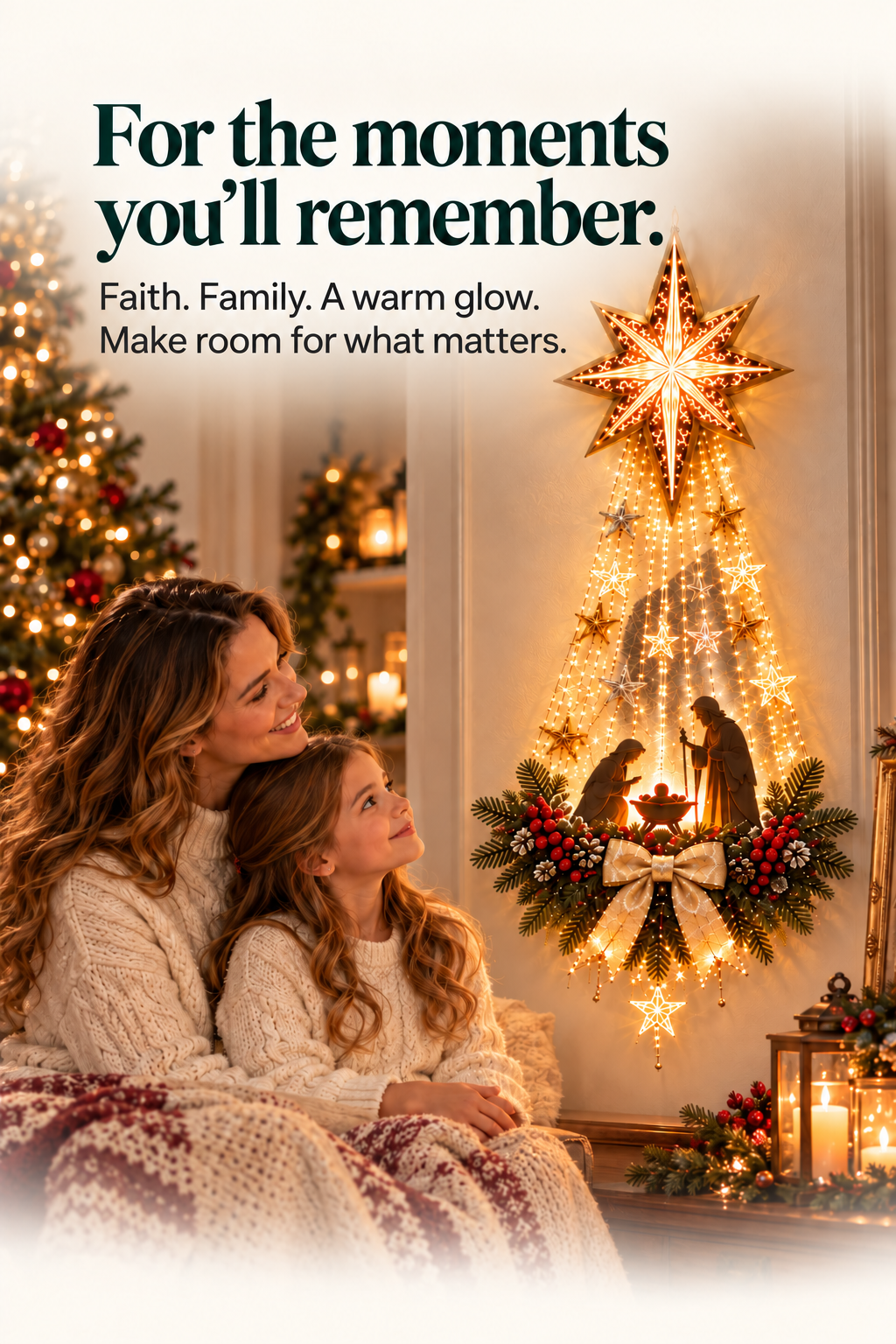 A mother and child admiring the glowing Bethlehem Star of Faith