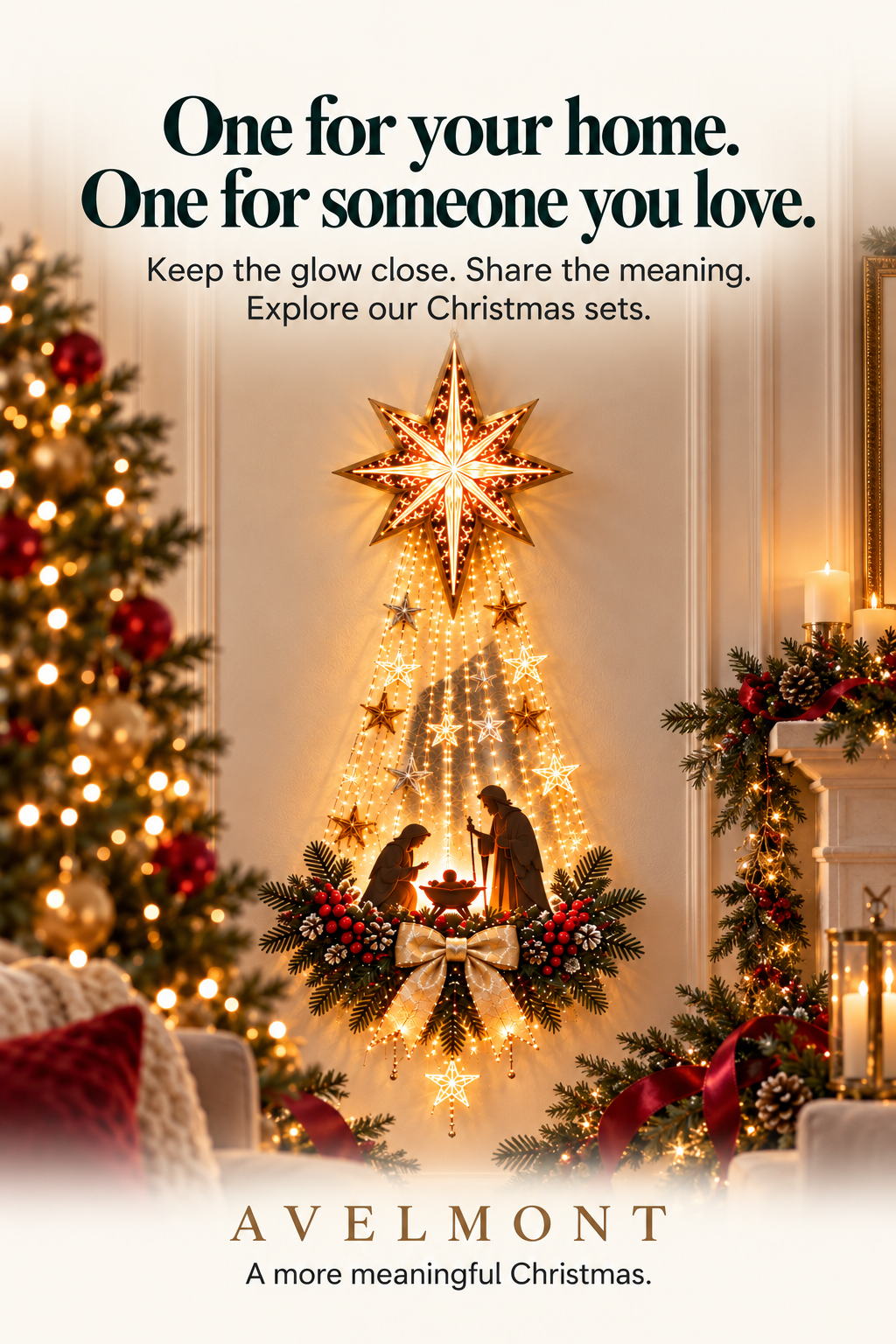 The Bethlehem Star and Nativity decoration glowing in a festive Christmas setting