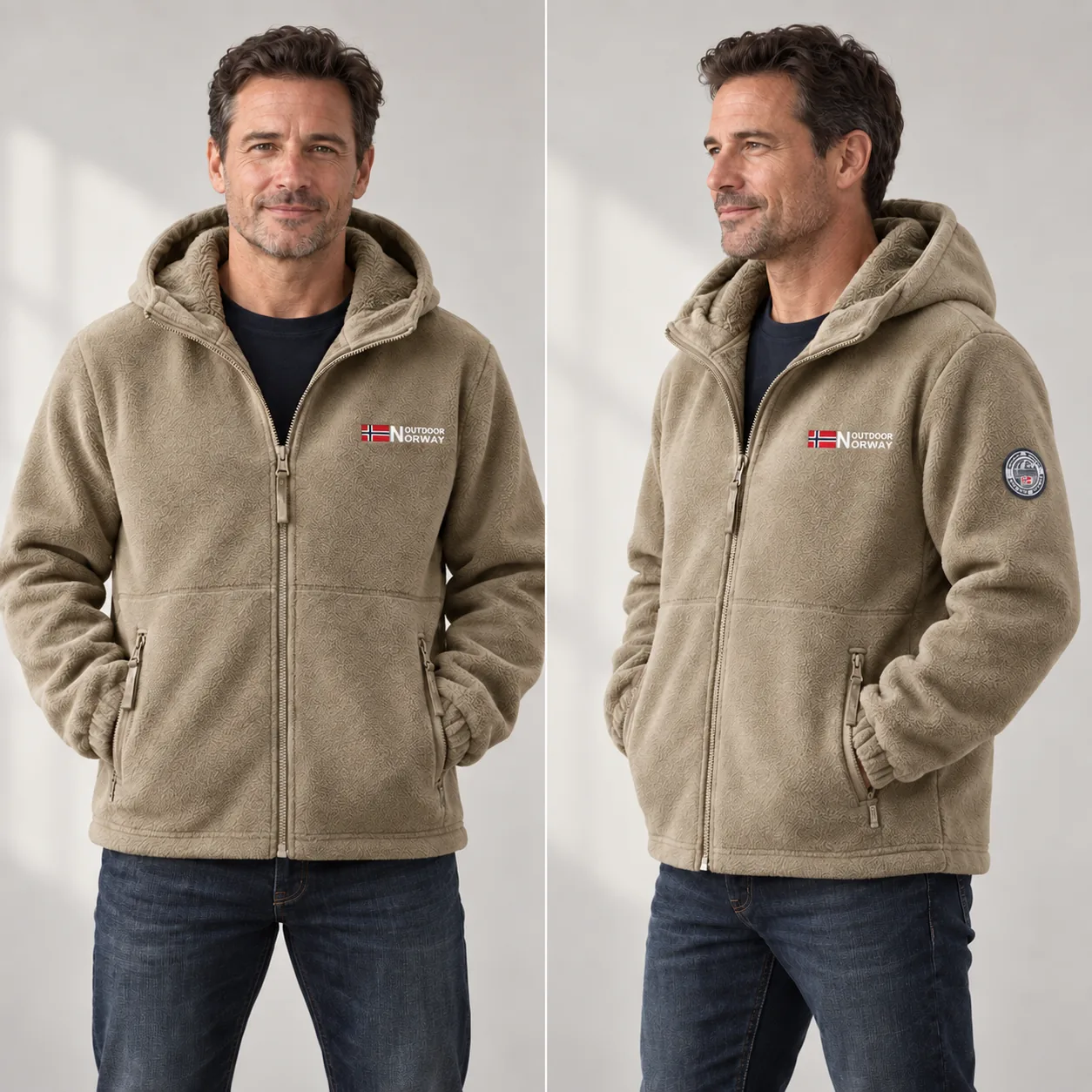 Front and three-quarter views of a man wearing the beige Norway jacket