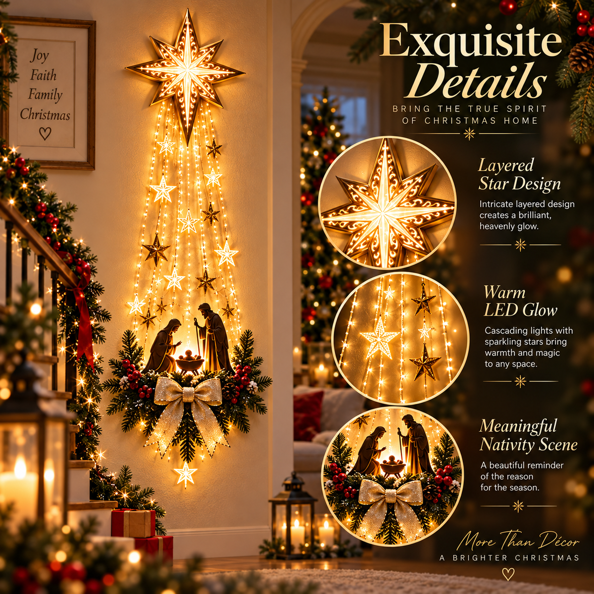 Bethlehem Star wall decoration with close-up views of the star, lights and Nativity scene