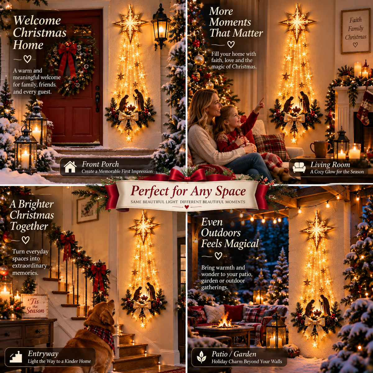 Bethlehem Star Christmas decoration displayed on a porch, in a living room, entryway and garden