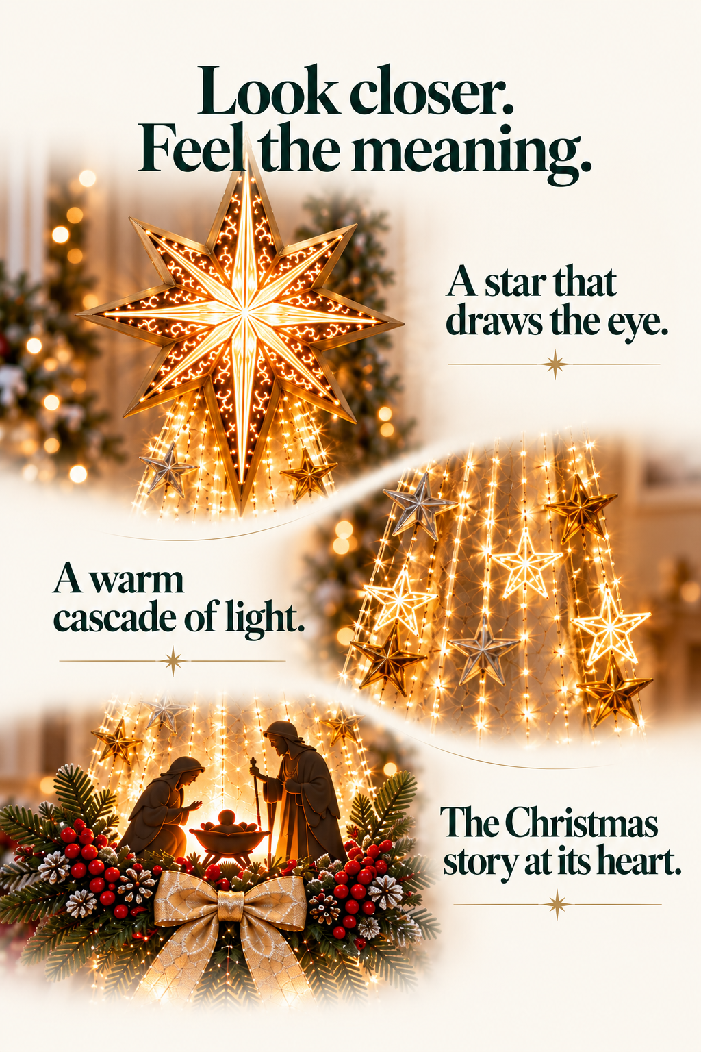 Close-up details of the star, the cascading lights and the Nativity scene