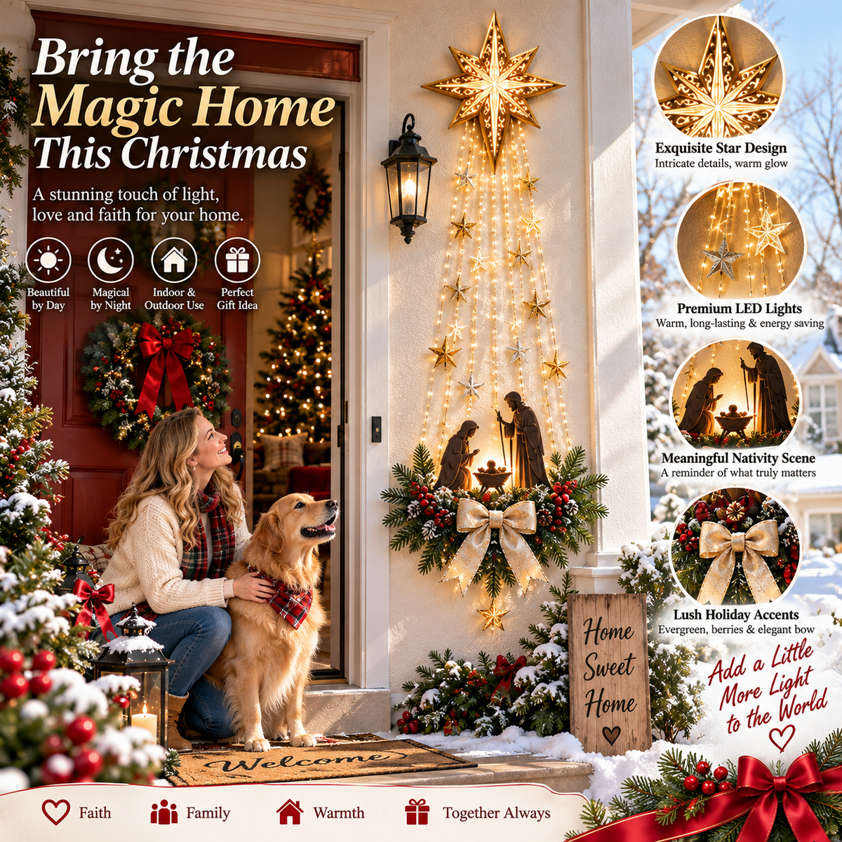 Bethlehem Star wall decoration displayed beside a festive front door with detail views