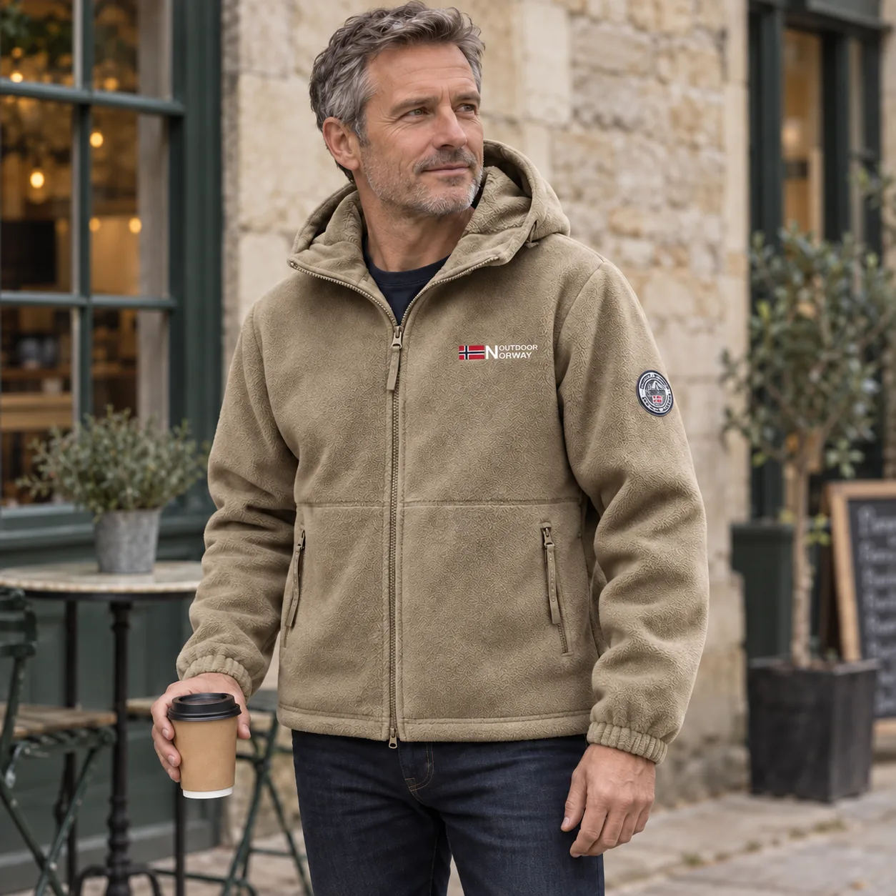 Man wearing the beige Norway jacket outside a café