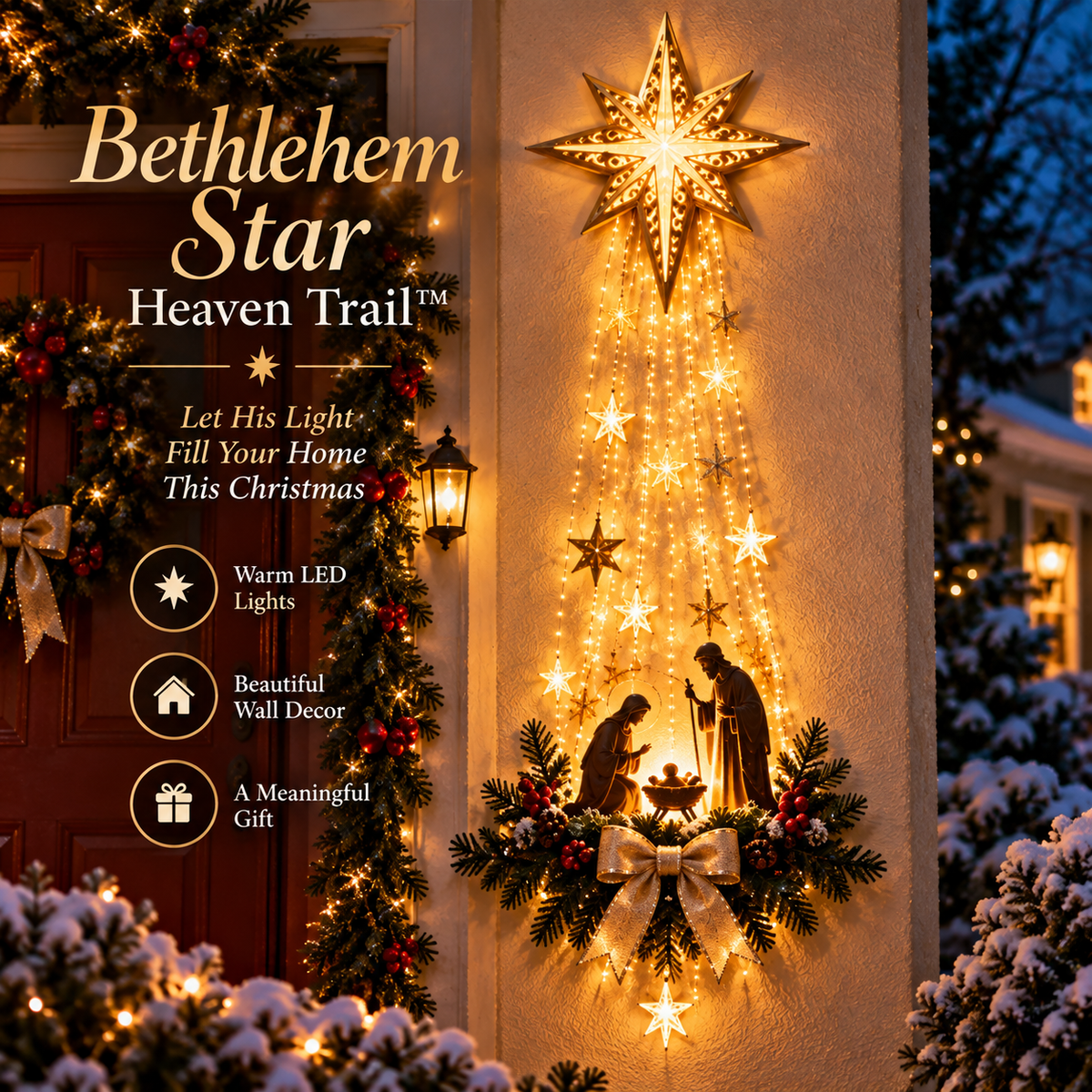 Bethlehem Star Heaven Trail illuminated above a Nativity scene on a Christmas porch