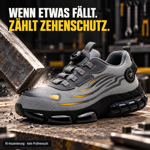 KI-Inszenierung: Ein Metallblock trifft den Zehenbereich eines leeren Avelmont Shift. Kein Prüfversuch.