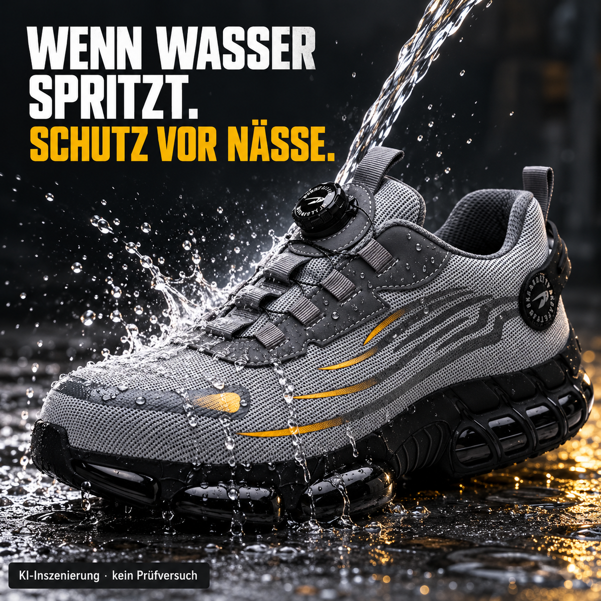 KI-Inszenierung: Wasser trifft das Obermaterial des Avelmont Shift. Kein Prüfversuch.