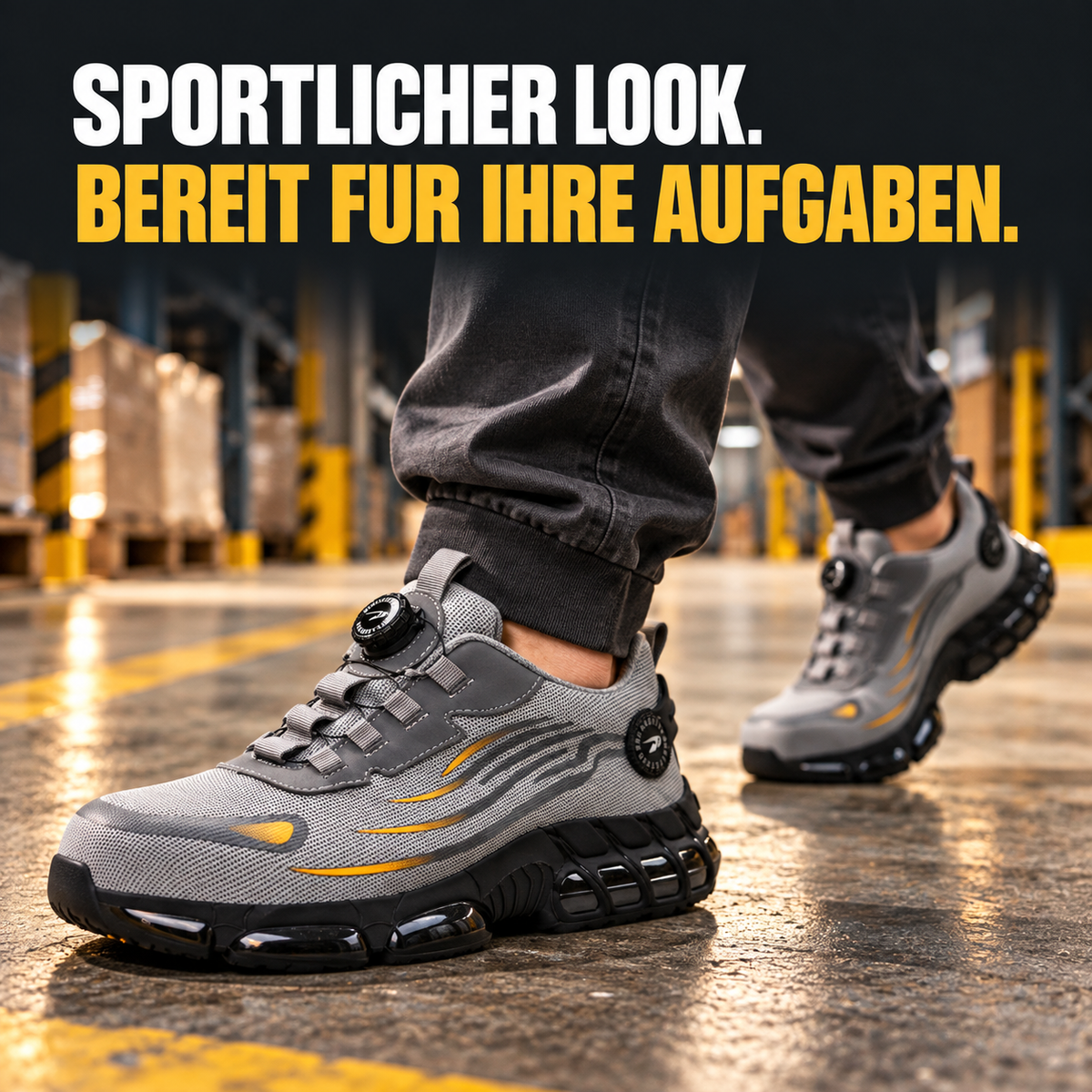 Avelmont Shift in Grau und Gelb beim Gehen im Arbeitsumfeld.